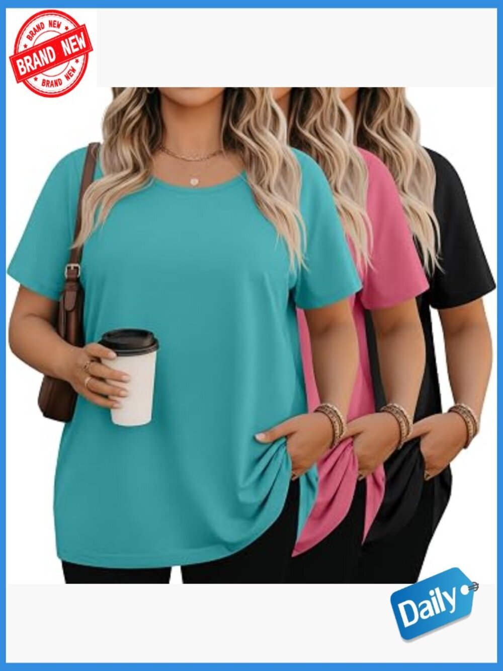 3pk Plus Size Women's Short Sleeve Crew Neck Tees Loose Fit Tops Summer Workout